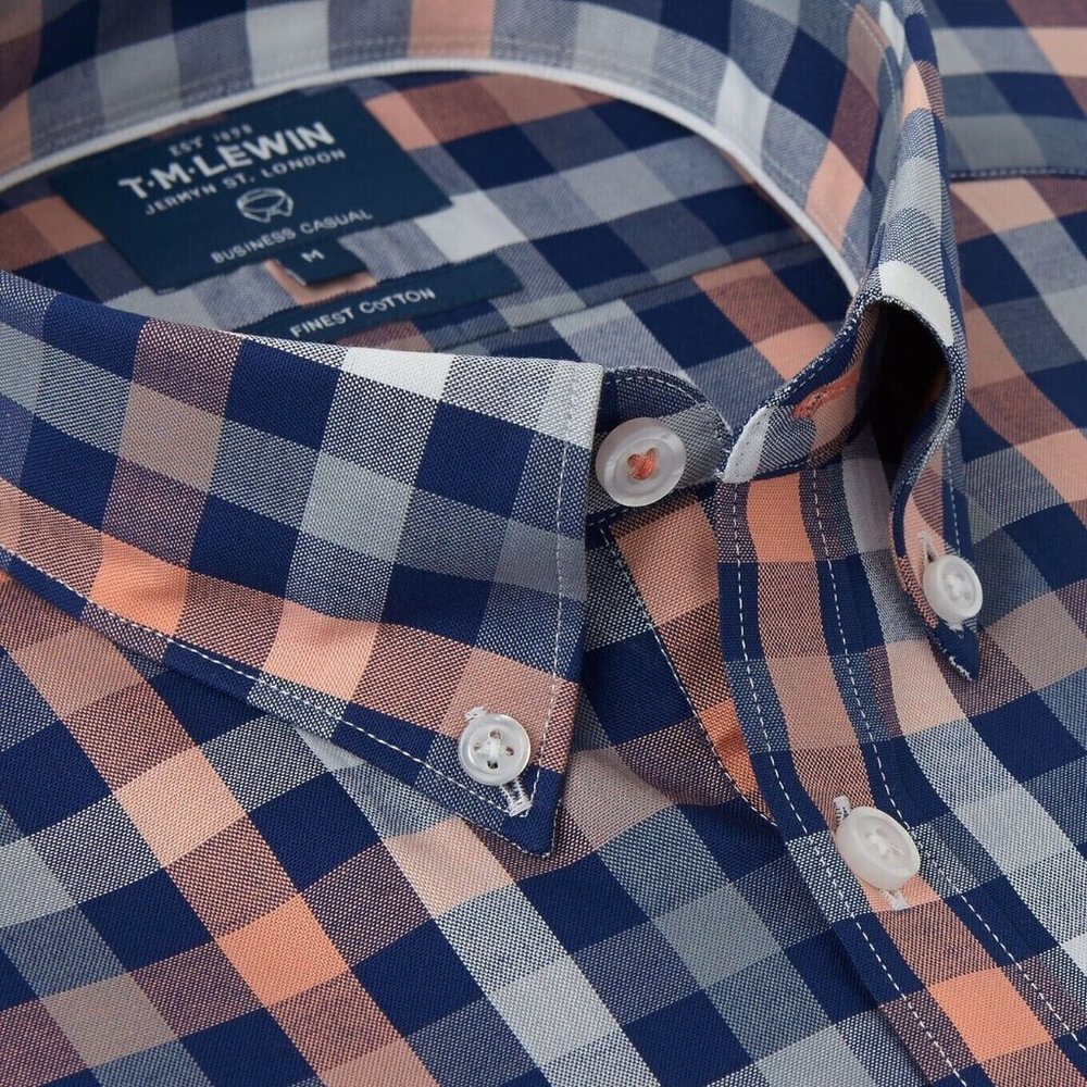 Men's TM Lewin Navy/Peach Plaid Cotton Shirt (M) (NWoT)